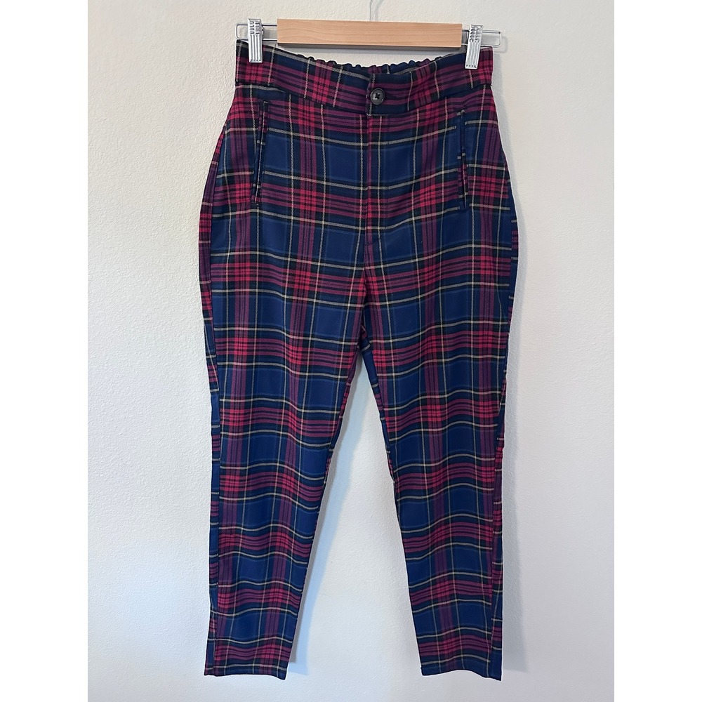Pull&Bear Plaid Tapered Pants Size M Blue Red Tartan High Waist Zip Fall Flannel